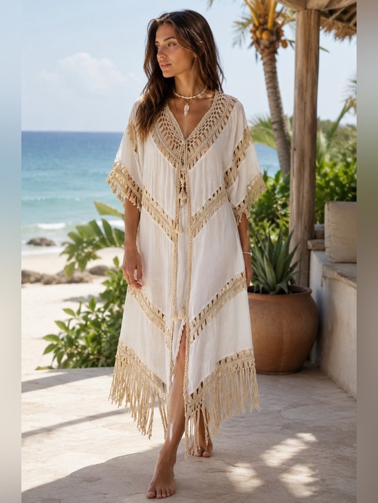 Dreamers Sweaters - Dreamers Boho Crochet Fringe Longline Duster Cardigan Kimono Festival Beach M
